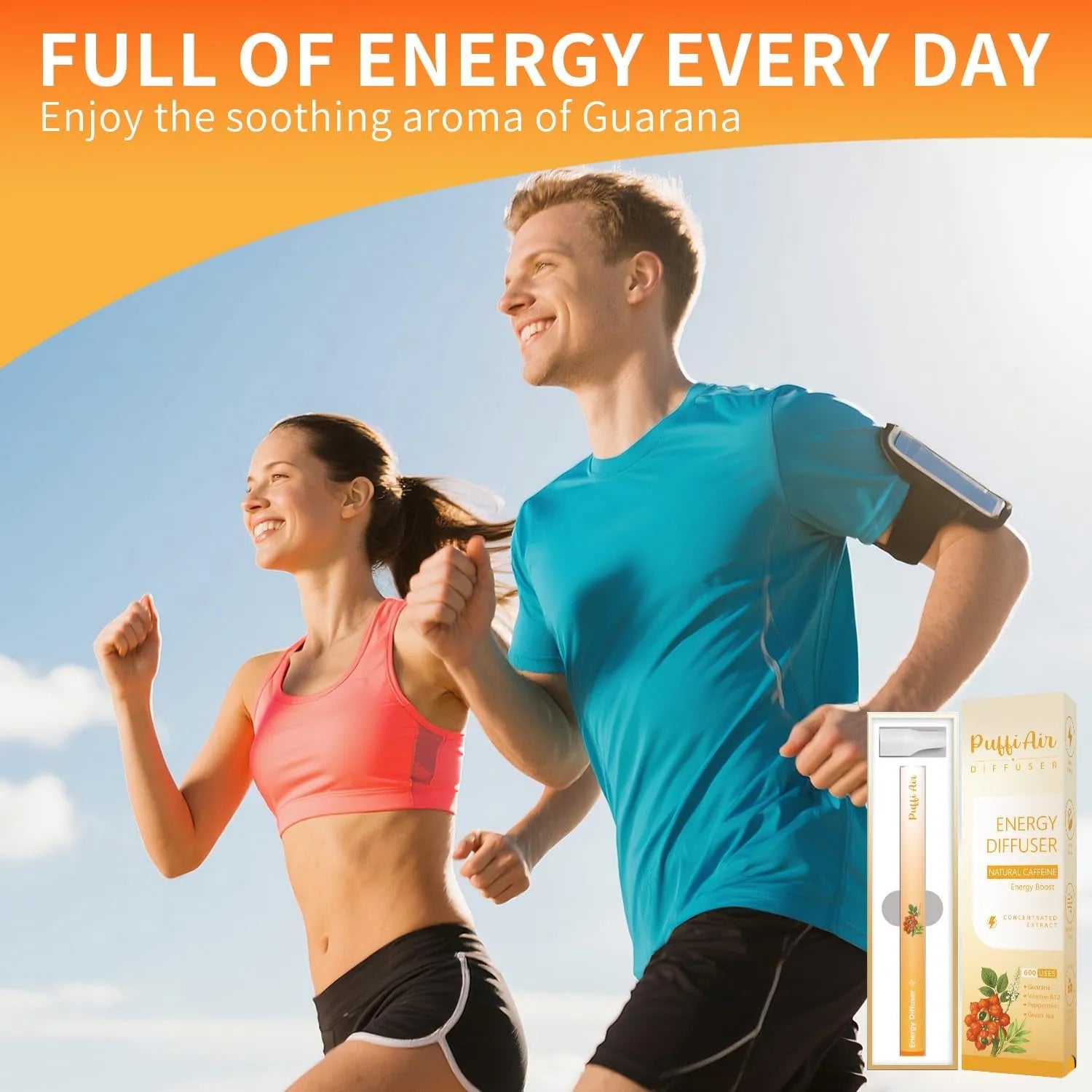 Energy Herbal Diffuser with Guarana, Green Tea Extract, Peppermint and Menthol Support for Energy Boost